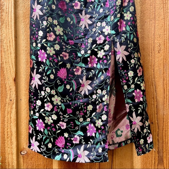 Black Satin and Colorful Floral Embroidered Strapless Midi Dress 🌿 - Picture 5 of 11